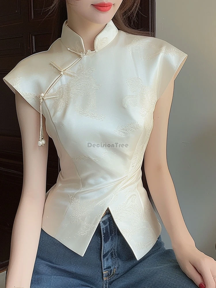 fashion design sense irregular qipao top chinese ethnic style solid color jacquard pan button top elegant lady party blouse