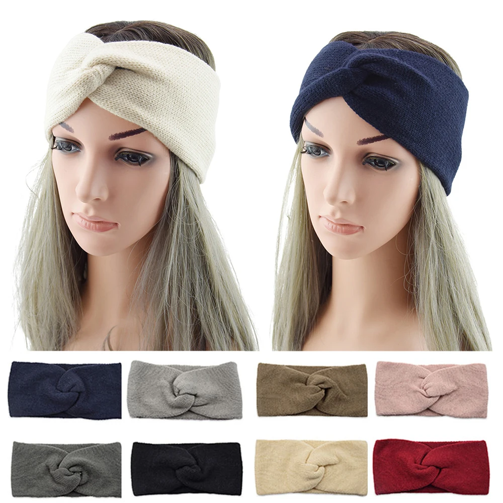 

Двухслойная трикотажная повязка на голову, мягкая эластичная Женская повязка на голову, однотонная, с перекрестной витой кожей, обогреватель для ушей, аксессуары для волос