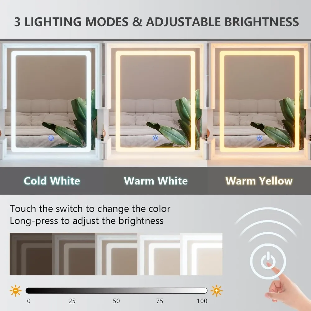 White Makeup Vanity Desk with Mirror and Lights Large Vanity Table Set with Charging Station Dressing Table with RGB Cabinets