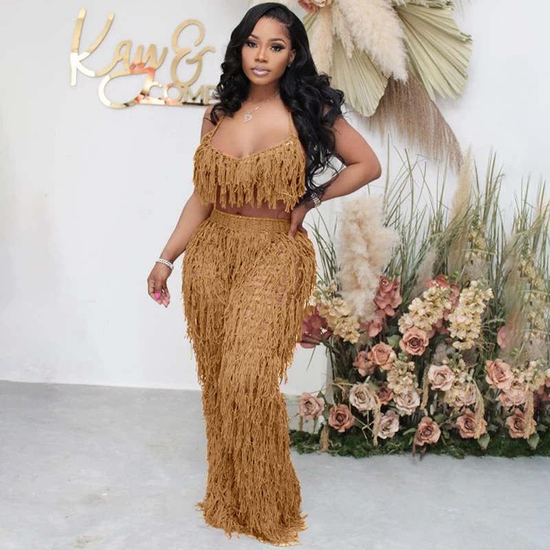 Knit Rib Tassel 2 Piece Set Summer Beach Wear Sexy Fishnet Halter Lace Up Crop Top + Pants See Through Tracksuit Women Outfits
