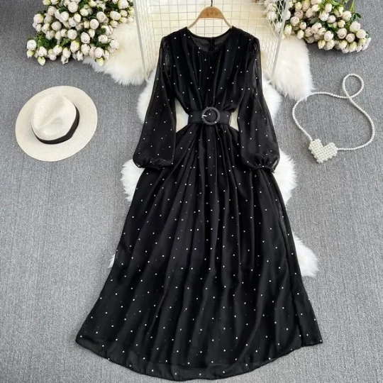 2024 Gentle and Retro Style Lantern Long Sleeved Round Neck Waist Slimming A-line Polka Dot Chiffon Dress  Muslim Dress
