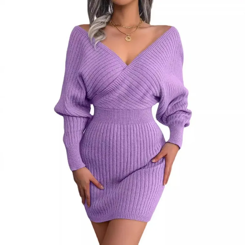 Sweater Dresses For Women Autumn Winter Casual Long Sleeve Knitted Clothes White Green Blue Black Purple Package Hip Dress