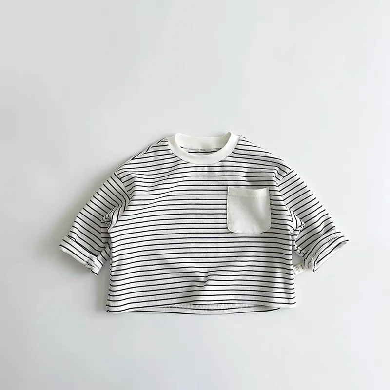 Trendy Striped Tshirt Fashion New Versatile Casual Loose Round Neck Tees New Design Long Sleeve Solid Color Tops 3