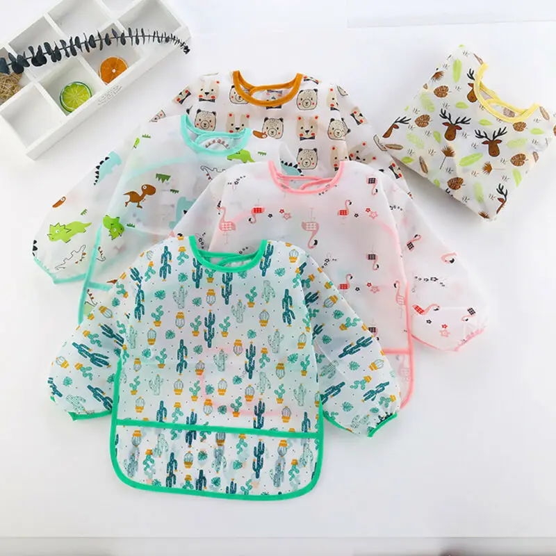 New Cute Children Baby Kids Toddler Waterproof Long Sleeve Art Smock Feeding Bib Apron Fit 0-6 Years baby bib long sleeve art apron painting smock children bib burp clothes soft feeding eat toddler waterproof baberos