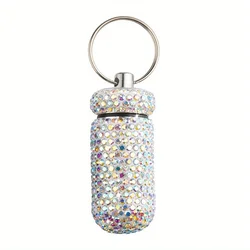 Sparkling Rhinestone Portable Waterproof Pill Case with Keychain (Multicolor)