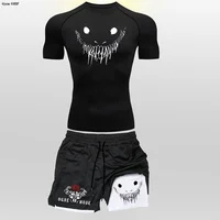 Anime drôle visage 2 en 1 Shorts t-shirt costumes hommes Fitness respirant seconde peau Compression chemises ensembles gymnase Double pont Shorts 2