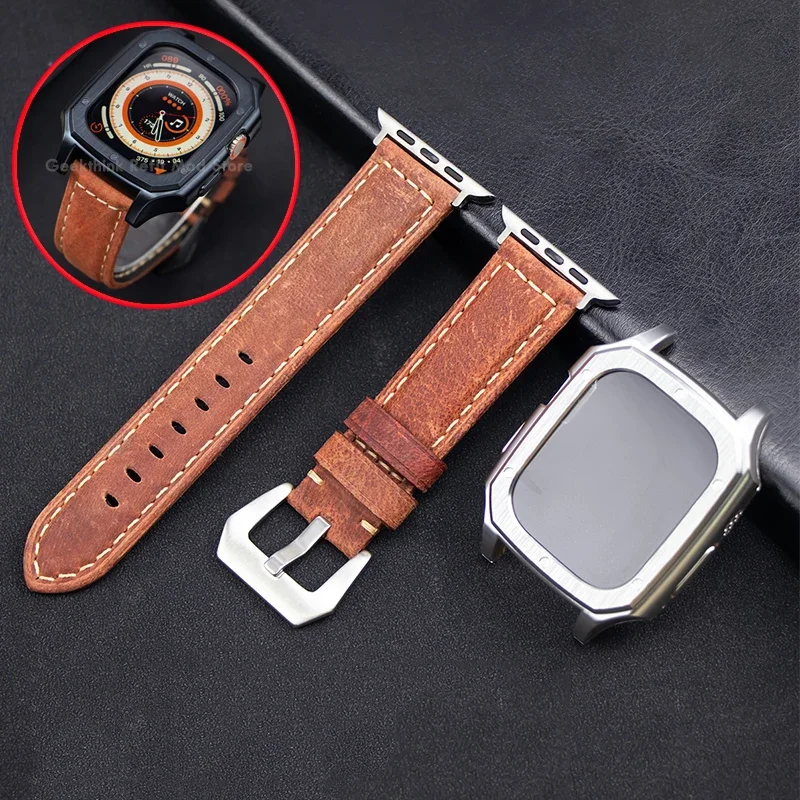 

PU Leather Strap+Case for Apple Watch Band Ultra 2 49mm TPU Case Screen Protector Wristband Cover for Iwatch Ultra 49mm Bracelet