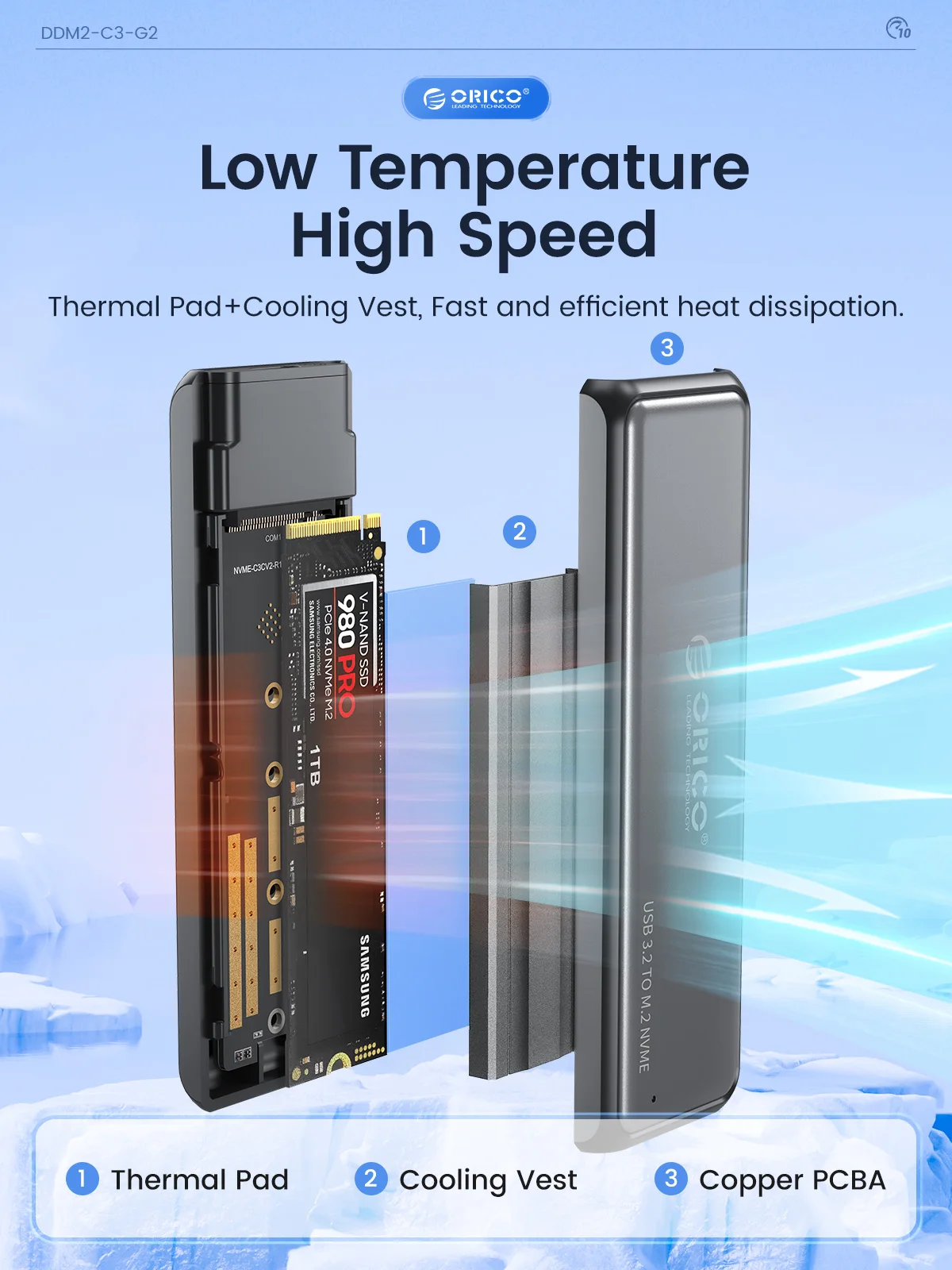 Orico M.2 Ssd Enclosure Nvme Sata Alumínio 10gbps Ferramenta Livre m2 Ssd Enclosure Solid State Drive Case Acessórios para Computadores Portáteis - Imagem 4