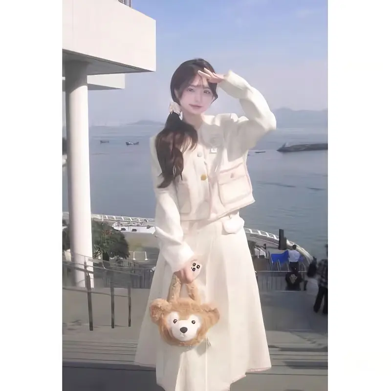 

Colorful Camellia Contrast Color Elegant Woolen Jacket Women Autumn Winter High-End Slimming Pleated Long Skirt Chic Suit New