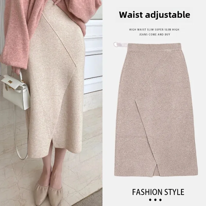 Maternity Fashion Knitted Mid-Length Split Skirt Stylish Outerwear Slimming Autumn Winter Half-length A- Line Skirt for Mommy