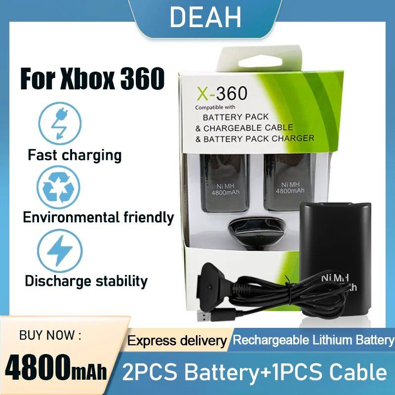 도매 2PCS 4800mAh 충전식 배터리 + Xbox 360 무선 컨트롤러 게임 패드 용 충전 케이블 1 개, Ni MH 교체