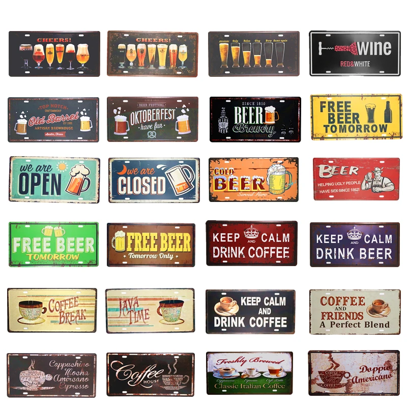 

Drink Beer Coffee Car Metal License Plate Cover Metal Car Tag for Men Women 6 X 12 Inch