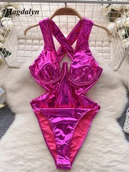 Magdalyn Women Cross Sexy PU Bodysuits One Piece Combination Onesie Slim Streetwear Party Fashion Push Up Solid Bodycon Rompers