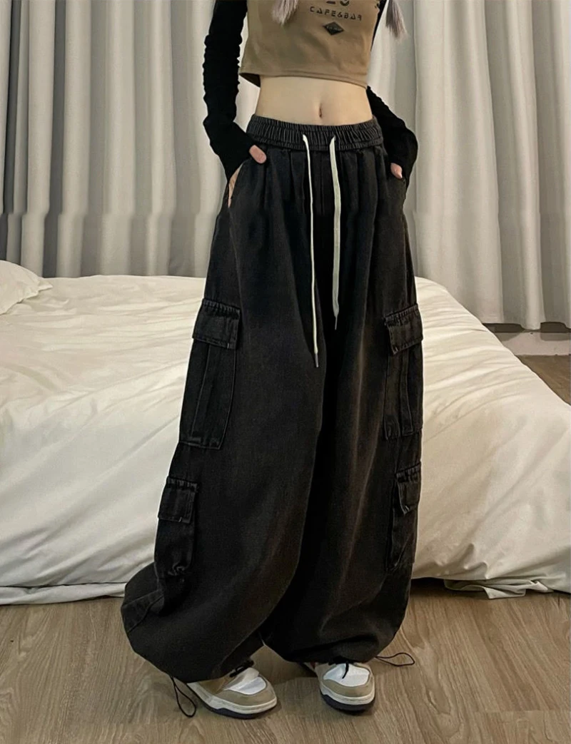 Grunge Hot Girl Vintage Big Pocket Oversized Baggy Cargo Jeans Femme  Elastic Waist Straight Wide Leg Pants Denim Trousers women