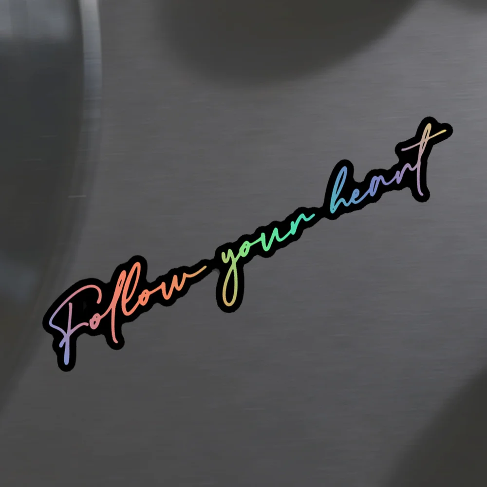 Holografische kursive Vinyl-Aufkleber mit der Aufschrift „Follow Your Heart“, wasserfeste Aufkleber für Motorrad, Auto, Laptop, Telefon, Dekoration – Detail 7