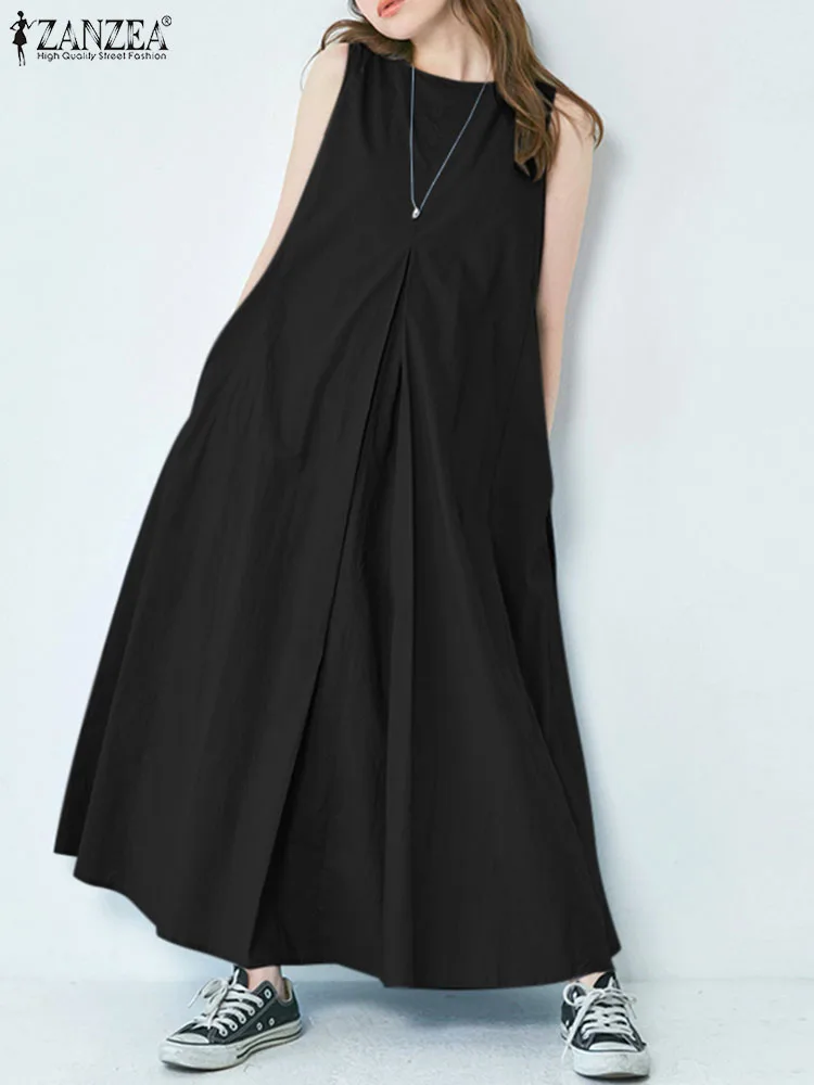 

Fashion Solid Long Dress ZANZEA KoreanWomen Sleeveless Tank Sundress 2023 Summer O-Neck Vestidos Holiday Pockets Maxi Robes