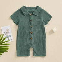 0-24 Months Summer Infant Newborn Costume Baby Boy Comfortable Jumpsuit Solid Color Short Sleeve Lapel Button Down Casual Romper 2