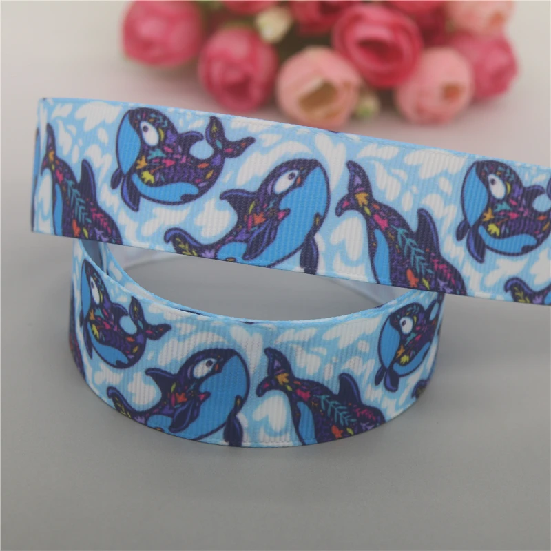 DHK 50yards Sea Shark Whale Printed Grosgrain Ribbon Accessories Material Headwear Decoration DIY Sewing Craft D1959