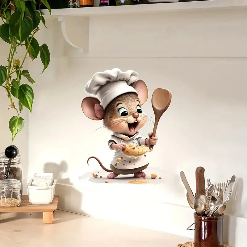 Cute Mouse Chef Wall Sticker Bright Wall for Home Cabinet Door Refrigerator Decoration Vinyl Car Decals Art Wallpaper