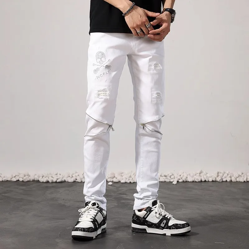 High Street Fashion Men Jeans White Elastic Stretch Skinny Ripped Jeans Men Beading Patch Designer Hip Hop Denim Pencil Pants