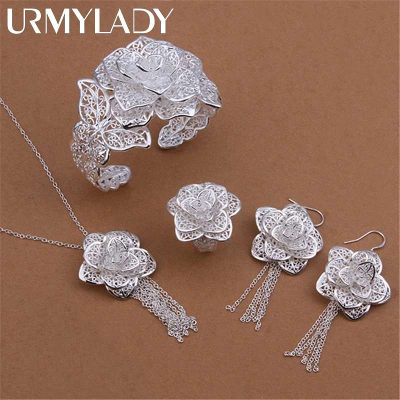925 sterling silver jewelry set for women flower pendant bangle earrings rings bracelet necklaces fashion party Christmas gifts jewelry set silver jewelry silver jewelry set