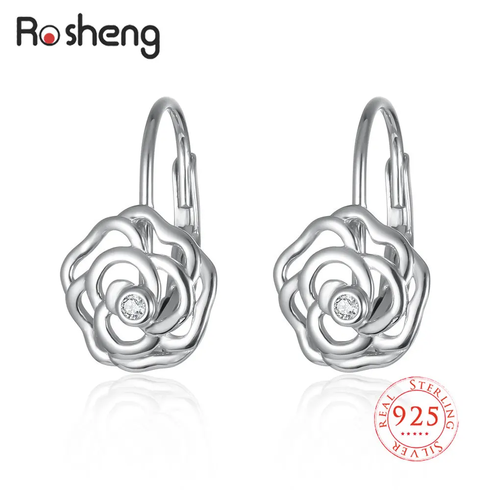 

925 Sterling Silver Romantic Sweet Small Hollow Plant Flower Simple Zircon Hoop Earrings for Women Girls Party Jewelry Gift