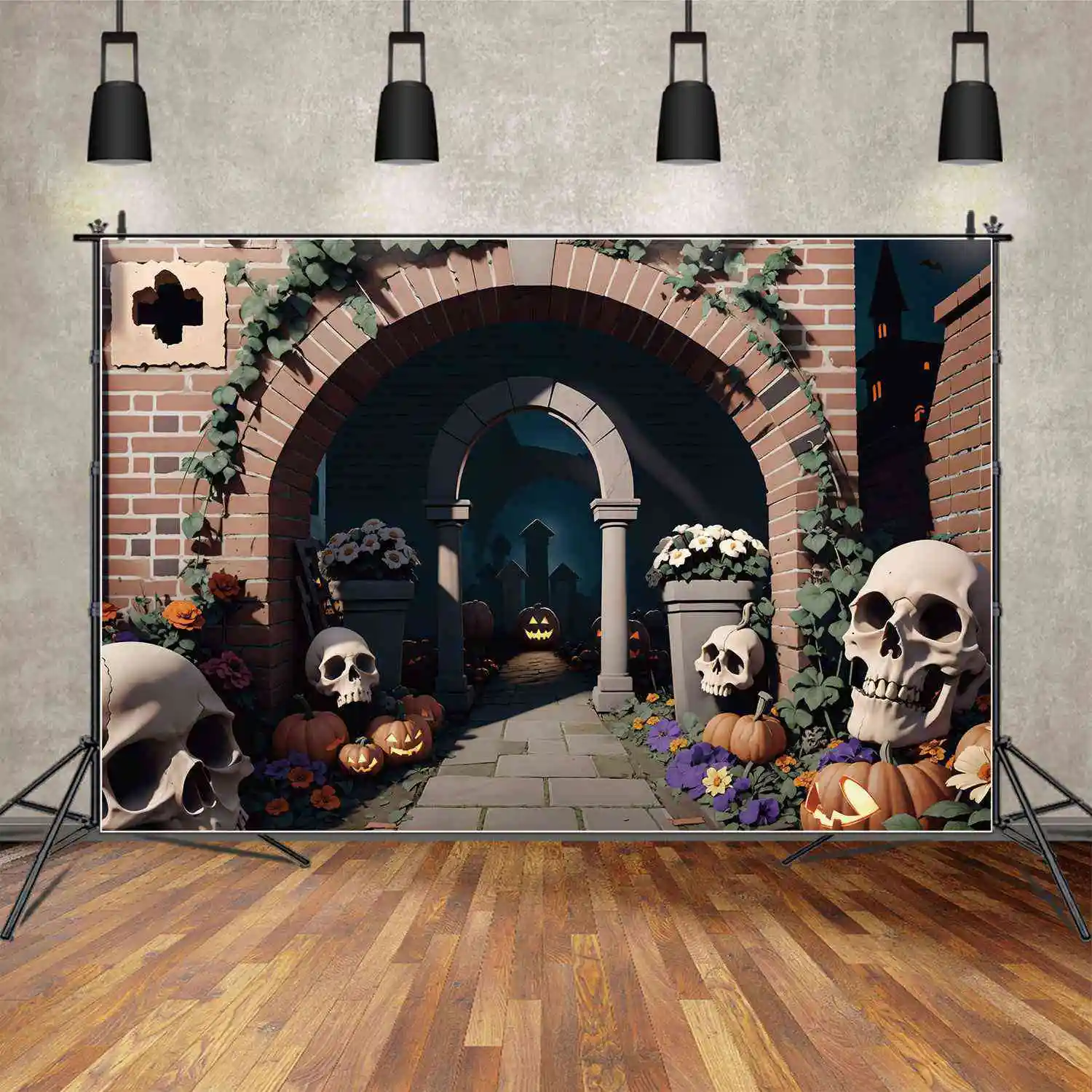 

MOON.QG Photography Backdrop Halloween Cemetery Archway Skull Pumpkin Lantern Photo Background Custom Baby Photographic Props