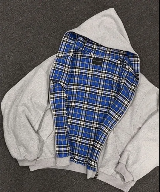 90s Lined Blue Check Hoodie Kawaii Gothic Harajuku Streetwear Loose Fit Cotton Pullover Double Face Long Sleeve Sweatshirt 1