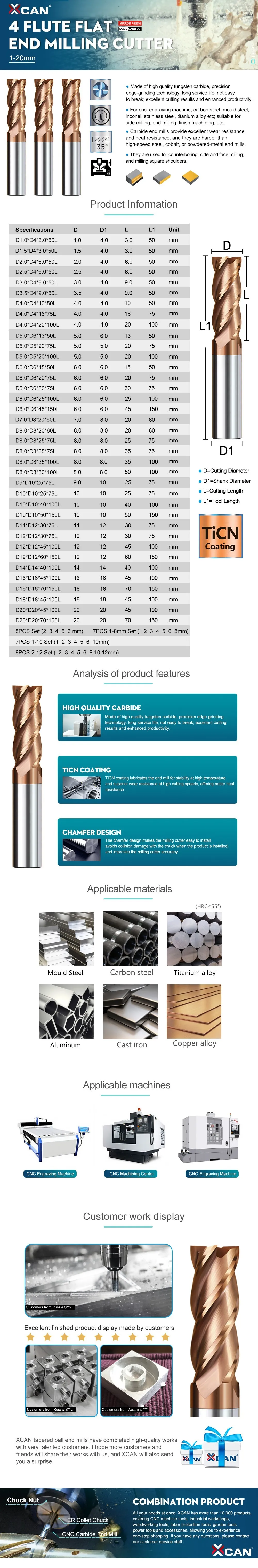 XCAN CNC Router Bit 4 Flöte Fräser TiCN Beschichtete Hartmetall-schaftfräser 1-12mm HRC60 CNC Bearbeitung schaftfräser Schneiden Fräsen Werkzeug – Detail 3