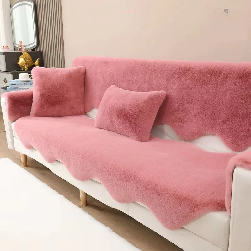 Solid Color Plush Sofa Towel Pillow Cover Anti Slip Sofas Cushion for Winter Warmth Wave Edge Sofa Blanket Is Soft Dustproof