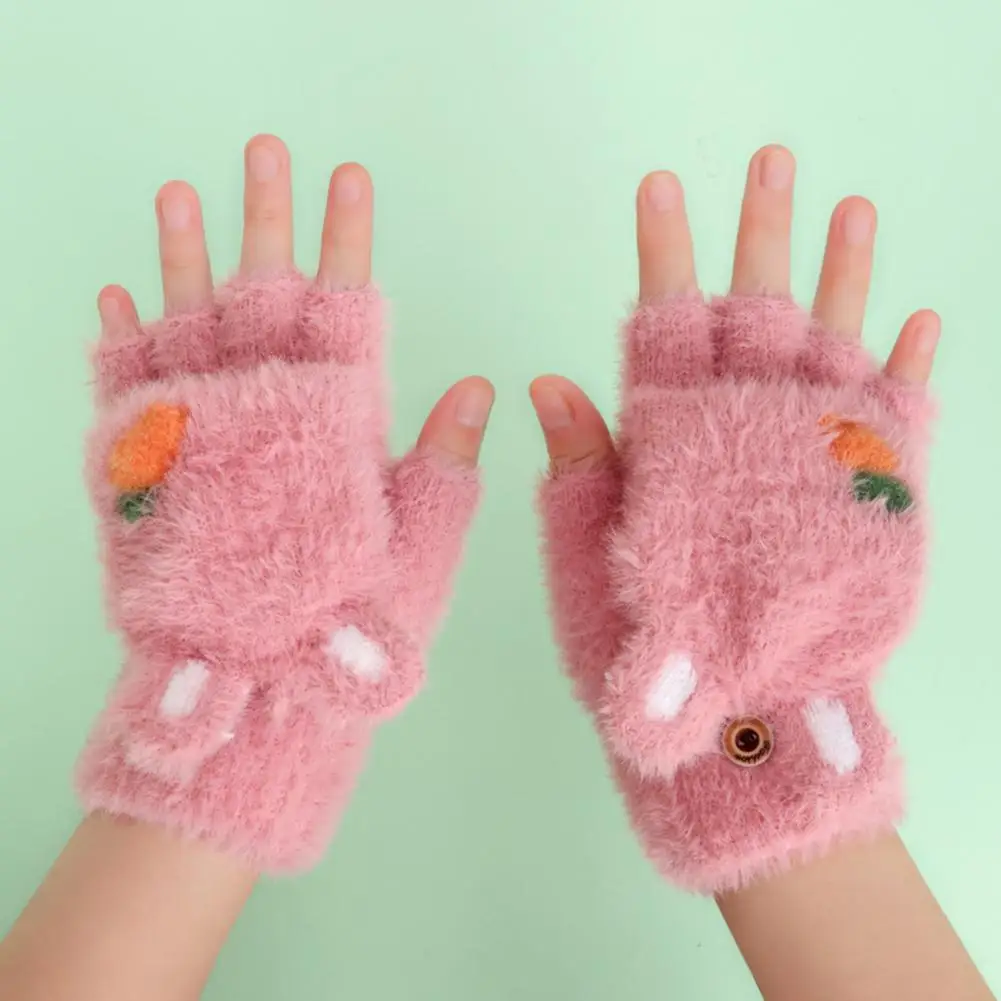 

Rabbit Shape Gloves Cozy Cartoon Rabbit Knitted Winter Gloves for Children Warm Plush Half Finger Cover with Faux Mink Hair