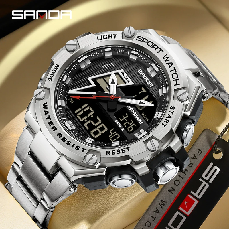 

SANDA Digital LED Watch Men Military Sport Quartz Wristwatch Top Brand Luxury Stopwatch Waterproof Male Electronic Clock 3336