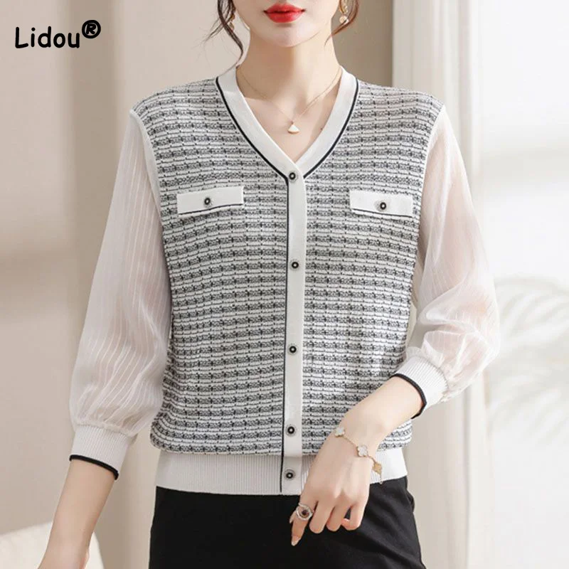 

Little Fragrant Wind Ice Silk Knitwear Femme 2023 Spring Summer New Chiffon Gauze Splicing Three Quarter Sleeve V-Neck Loose Top