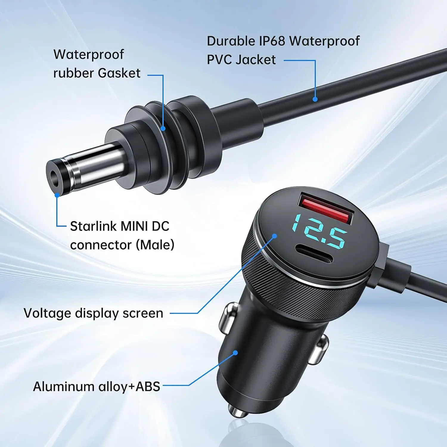 스타링크 충전기 USB 타입 C 시가 라이터 차량용 충전기 12V-24V 차량용 2M 디지털 볼트미터 방수 연장 케이블