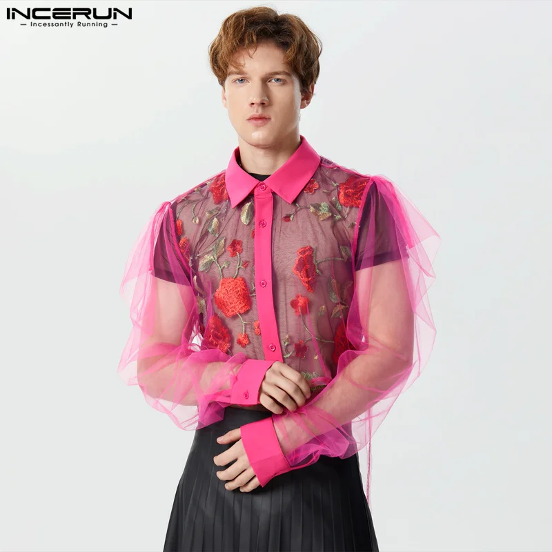 

INCERUN Tops 2023 American Style New Men Sexy Perspective Mesh Shirts Fashion Irregular Hem Puff Long Sleeved Lapel Blouse S-3XL