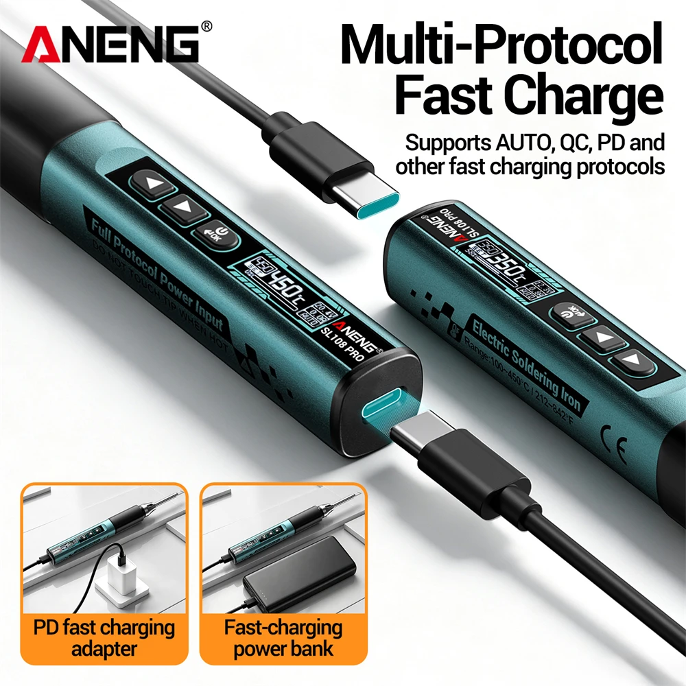 مكواة لحام كهربائية ANENG SL108 PRO بقوة 100 واط PD مع خاصية QC، درجة حرارة قابلة للتعديل، تسخين سريع، أداة لحام رقمية ذكية محمولة