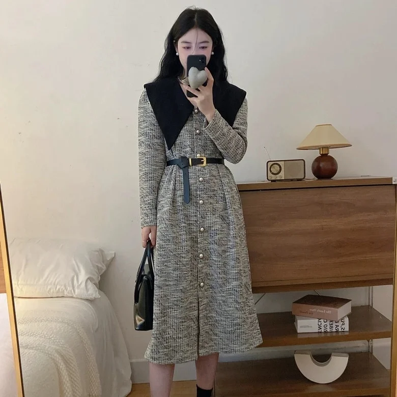 

Women 2023 Autumn Winter New French Long Sleeve A-line Dress Female Thick Warm Tweed Dresses Ladies Loose Casual Vestidos Q551