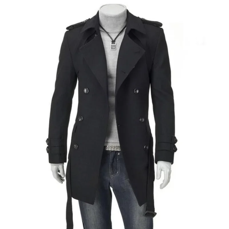 

Winter Coat Fashion Trench Coat Epaulet Mid-Length Wepbel Autumn Blends Jackets Men Double-Breasted Woolen Coat Jackets Outwear