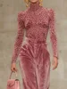 Bonboho Women's Pink Leopard Print High-Neck Shirt Top 2026 Stylish Skinny Long Sleeves T-shirt Sexy Stretch Pullovers