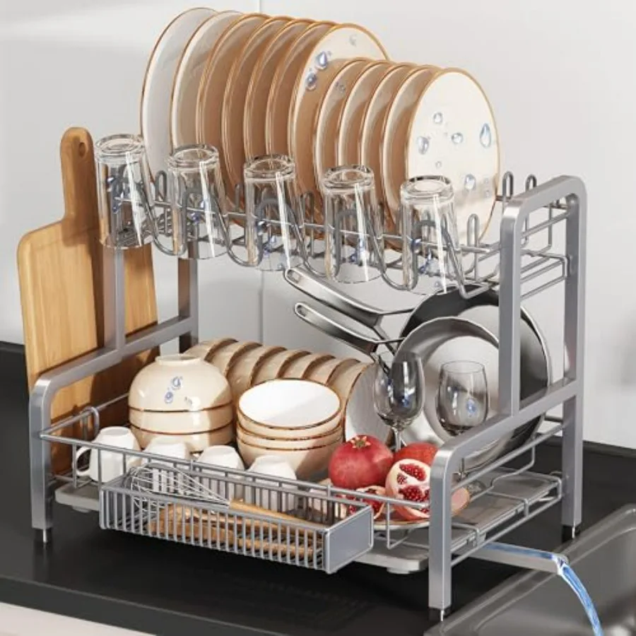 2 Tier Kitchen Counter Dish Drainer Drying Rack in Modern Silver ...