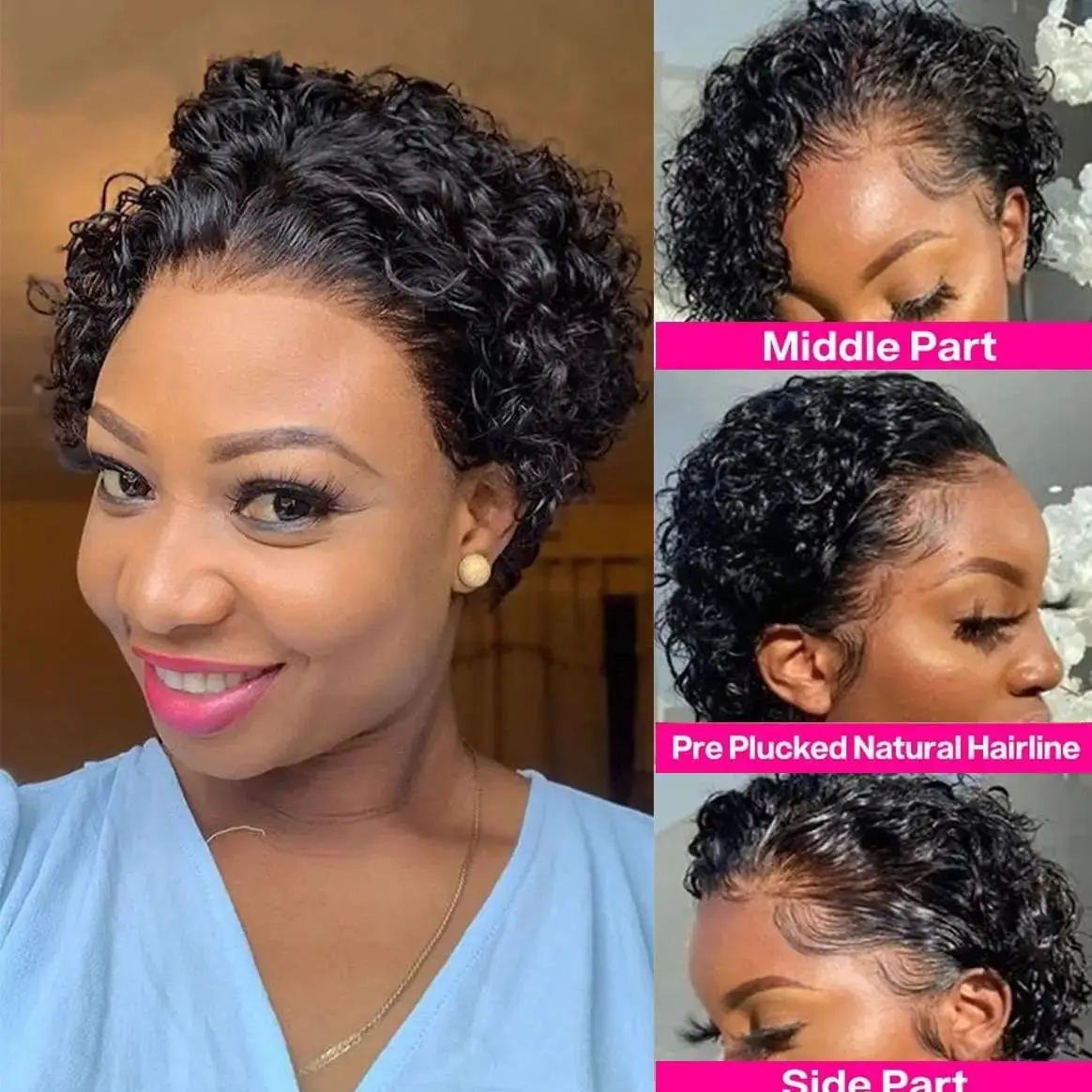 Short Curly Pixie Cut Lace Front Wigs 6 inch, 13X1 Human Hair Lace Front Wigs