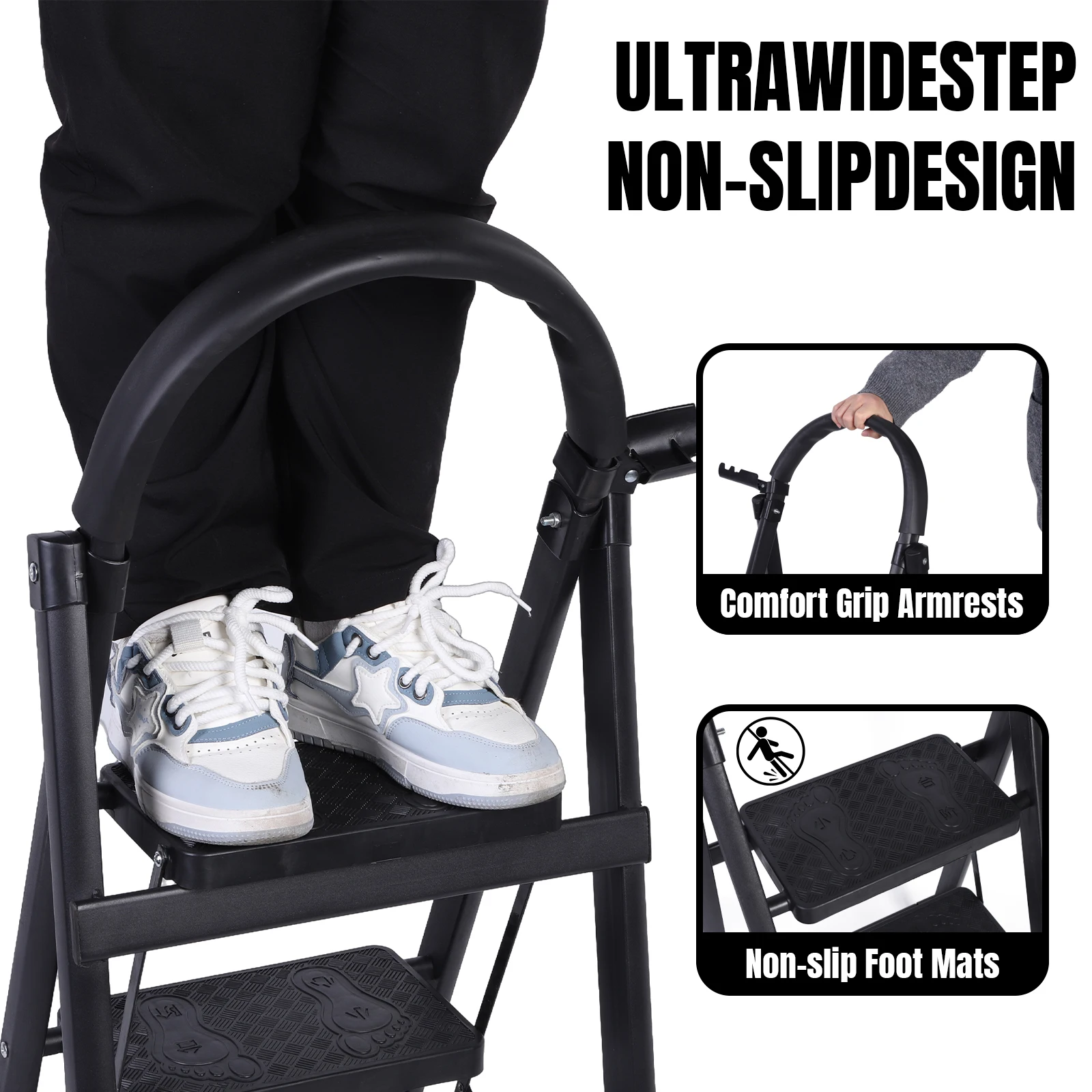 3 Step Folding Ladder Sturdy Portable Stepping Stools 330lbs Capacity Wide Platform Steps Ladder Chair for RV Attic Daily Home