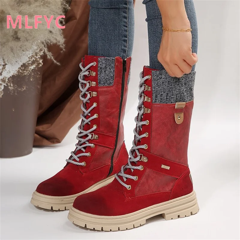 Winter Round Head Low Heel Side Zipper Large Mid Size Boots Women's Fashion Casual Boots Simple Boots Mujer