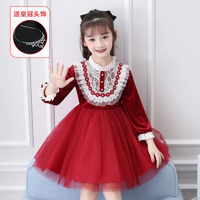 Girls' mesh dress 2022 spring new children's foreign dress Dress Girls' velvet long sleeve Princess Dress