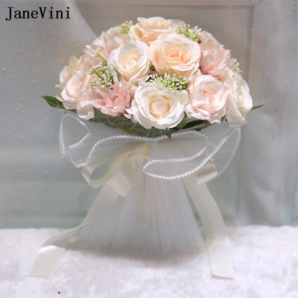 

JaneVini Romantic Champagne Pink Flowers Bridal Bridesmaid Bouquets Artificial Silk Roses Graduation Bouquet Wedding Accessories