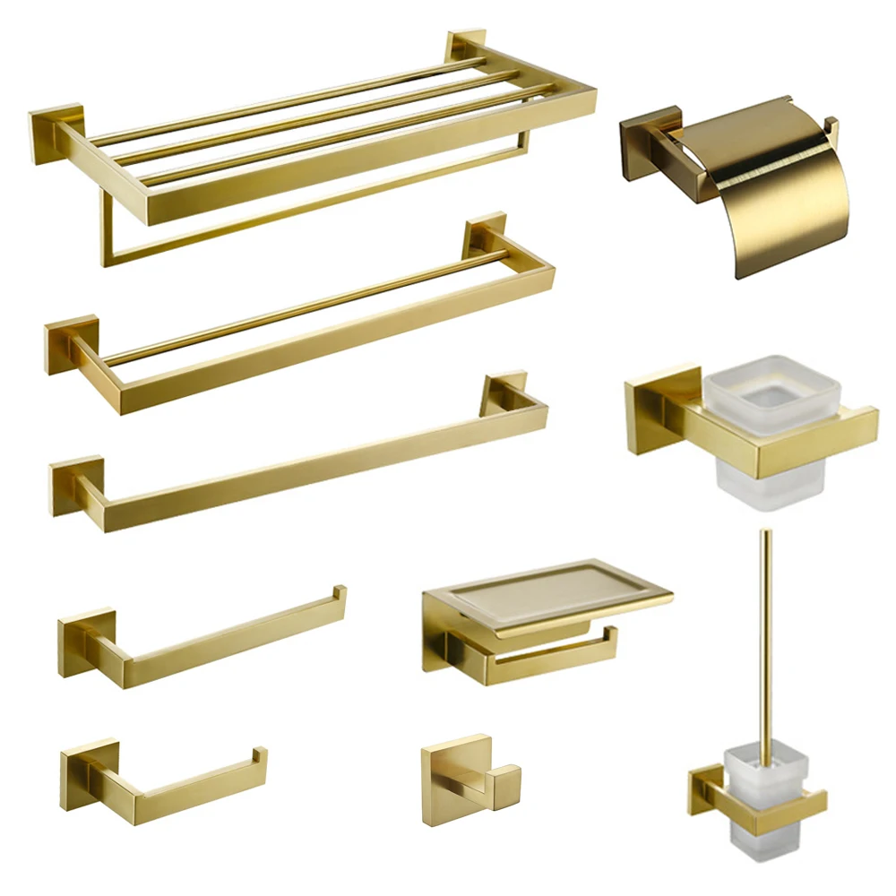 Description Picture 2 of itemBrushed GoldBathroom Hardware Set Kit Accessories Wall Shelf Towel Bar Rack Rail Robe Hanger Toilet Brush Roll Paper Holder Dish