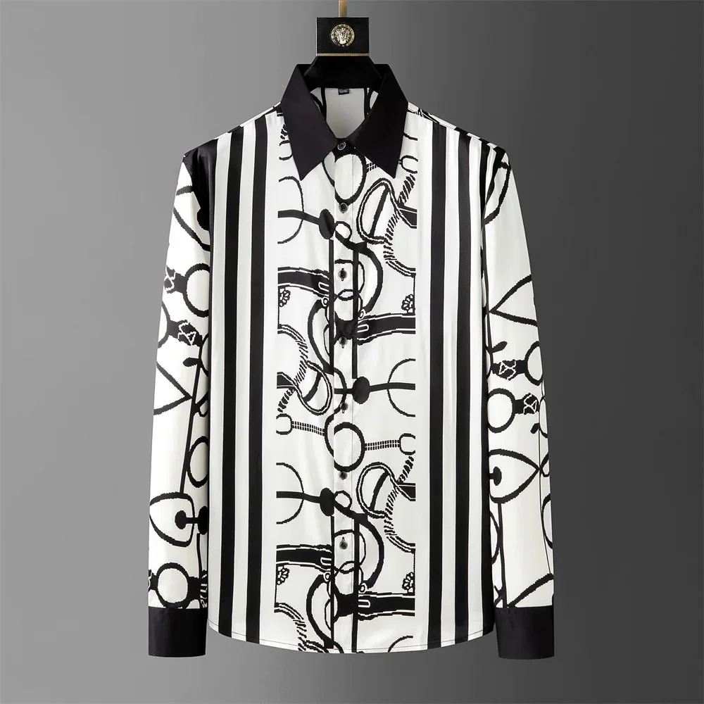 

Brand Luxury Retro Printed Shirt for Men High Quality Business Social Formal Slim Long Sleeve Casual Party Tuxedo Blouse