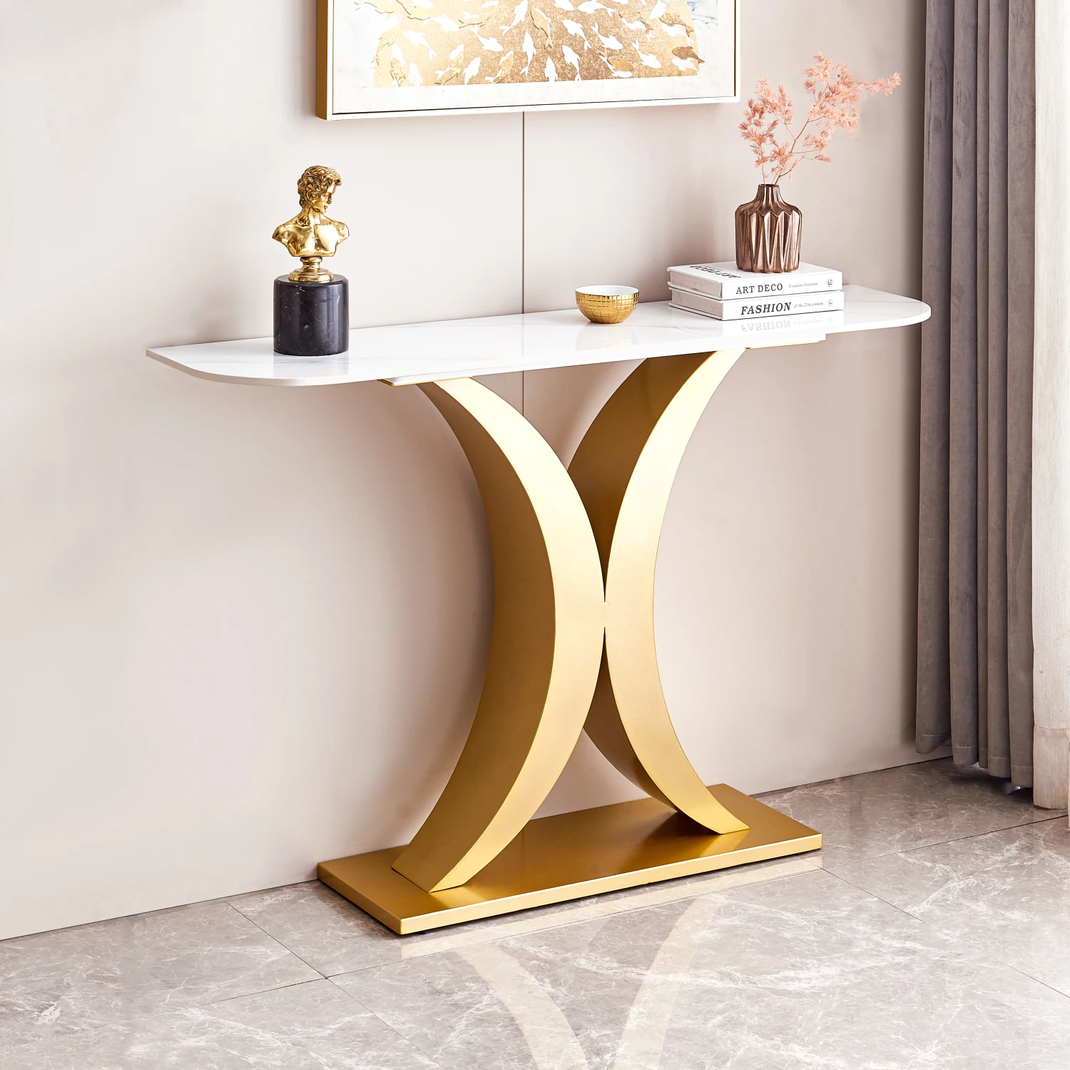 

Exquisite Modern Gold Console Table with Adjustable Metal Frame for Entryway, Living Room, Hallway, and Office makeup