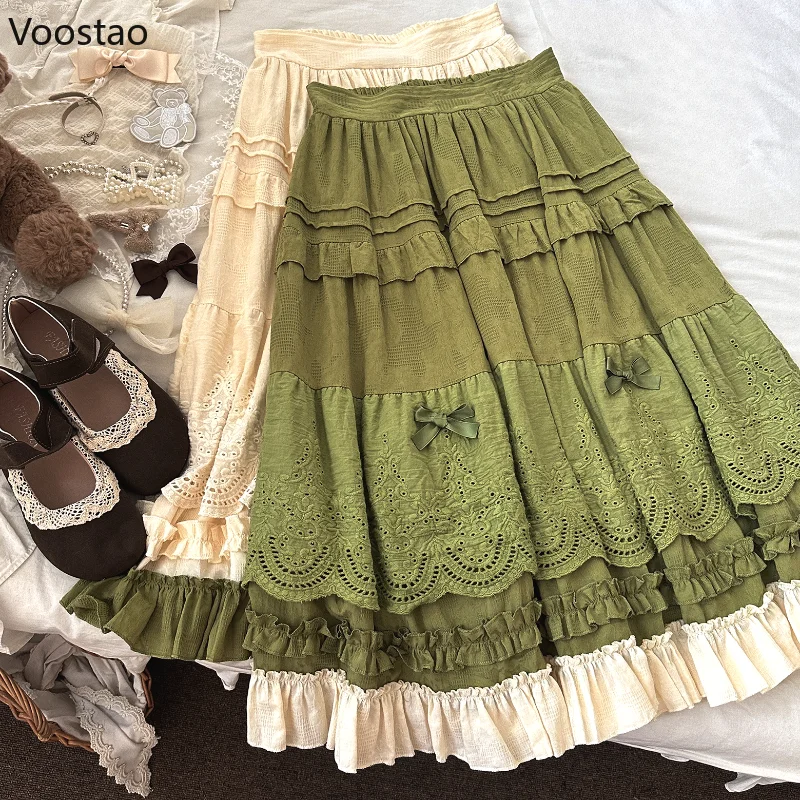 Mori Girl Style Lolita Midi Skirt Women Vintage Embroidery Lace Floral Bow Ruffles Long Skirts Female Prairie Chic Party Skirt 1