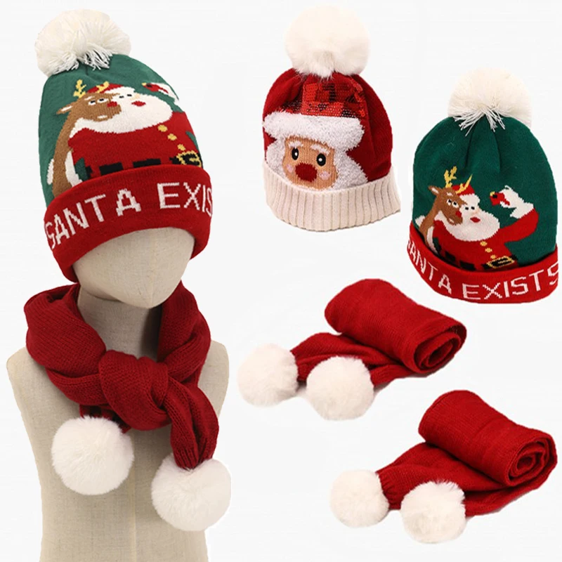 

Kids Christmas Warm Hat Scarf Cute Sequins Santa Claus Elk Boys and Girls' Knitted Woolen Hats Winter Warm Scarfs Christmas Gift